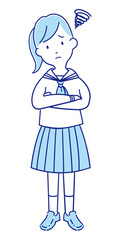 困った顔で腕を組むセーラー服の女子中高生