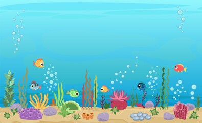 Plakat Bottom of reservoir with fish. Blue water. Sea ocean. Underwater landscape with animals. plants, algae and corals. Illustration in cartoon style. Flat design. Vector art