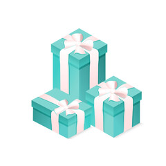 Set of blue gift boxes with bow and ribbon on white isolated background. Realistic 3D gift for New Year, Christmas, Birthday, Valentines Day, holiday, party. Vector illustration.