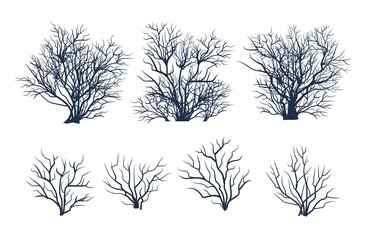 Set of bare trees. Plant. Crown with branches. Bushes close-up. Flat cartoon style. Winter season. Isolated. Vector art.