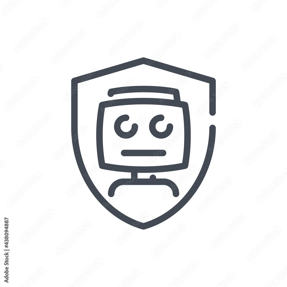 Poster robot with shield line icon. cyber protection and secure of artificial intelligence vector outline s