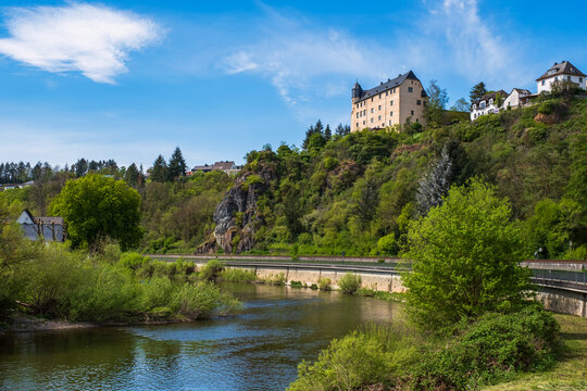 View towards Schadeck Castle in Runkel an der Lahn / Germany 