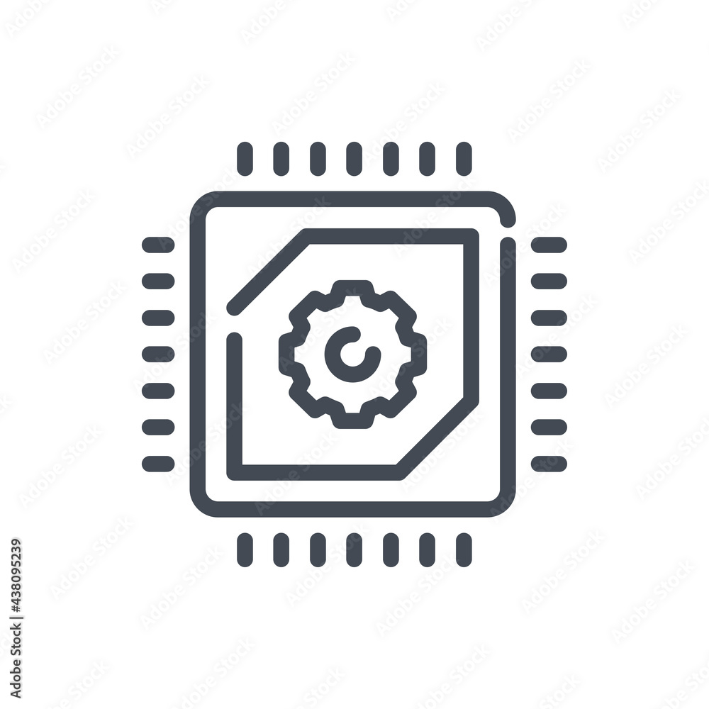 Poster computer chip with gear line icon. microchip or processor with connections vector outline sign.