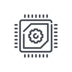 Computer chip with gear line icon. Microchip or processor with connections vector outline sign.