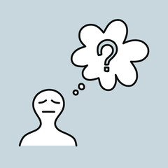 Doodle art of man with worry face and speech bubble with question mark. Graphic for thinking concept.