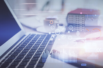 Double exposure of technology theme drawing and desktop with coffee and items on table background. Concept of data research.