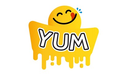 Yummy face happy smile vector cartoon line emoticon with tongue lick mouth. Delicious tasty food eating emoji face on yellow design background Yum icon vector
