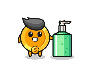cute dollar currency coin cartoon with hand sanitizer