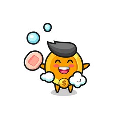 dollar currency coin character is bathing while holding soap