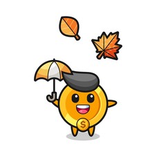 cartoon of the cute dollar currency coin holding an umbrella in autumn