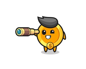 cute dollar currency coin character is holding an old telescope