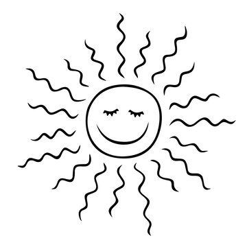 Stylized cartoon sun with a face. A hand drawn vector illustration in a doodling style. Isolated on a white background.