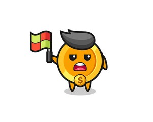 dollar currency coin character as line judge putting the flag up