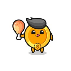 dollar currency coin cute mascot is eating a fried chicken