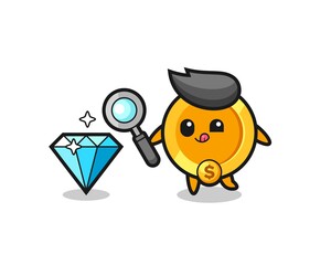 Obraz premium dollar currency coin mascot is checking the authenticity of a diamond