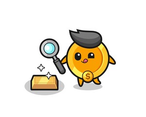 dollar currency coin character is checking the authenticity of the gold bullion