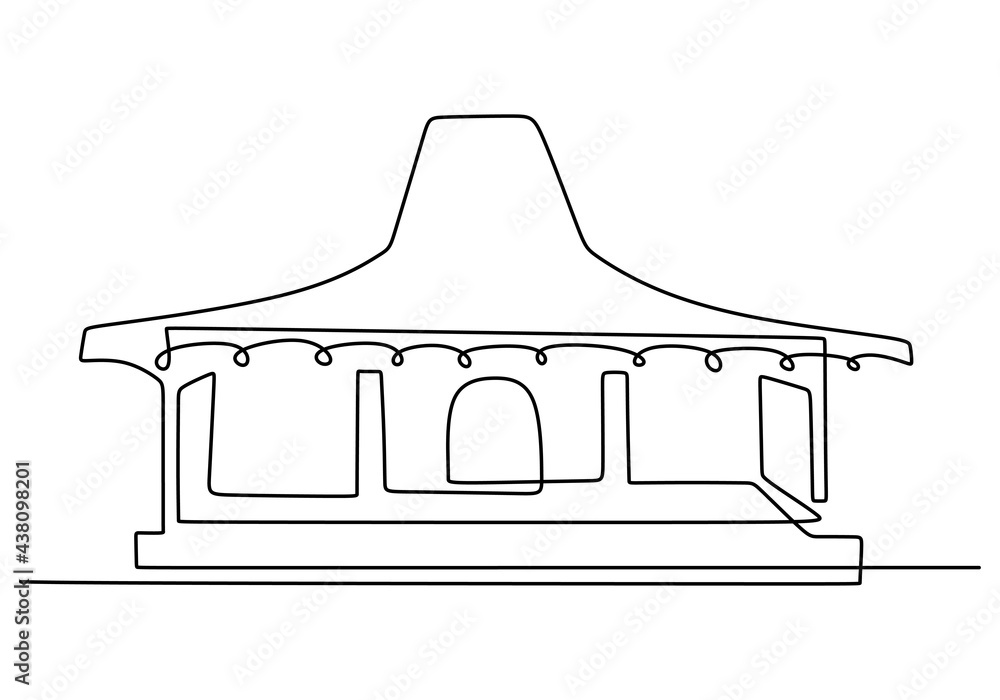 Poster continuous one line of traditional javanese building. classic home in single line isolated on white 