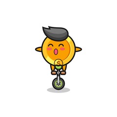 The cute dollar currency coin character is riding a circus bike