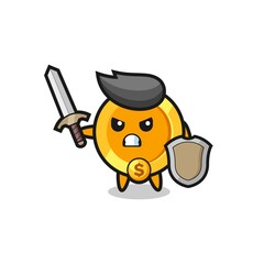 cute dollar currency coin soldier fighting with sword and shield