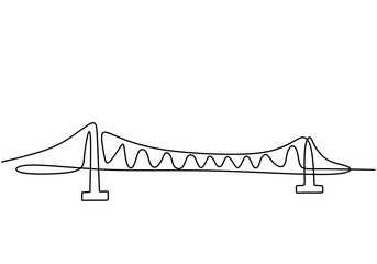 Giant bridge over river. Continuous one line of bridge drawing design. Simple modern minimalist style isolated on white background.
