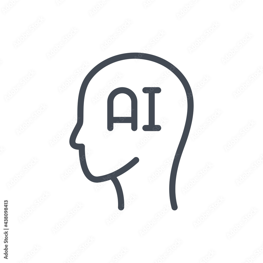Poster human head with ai line icon. artificial intelligence vector outline sign.
