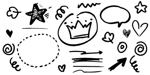 Obraz premium hand drawn set of curly swishes, swashes, swoops. Abstract arrows, Arrow, heart, love, star, leaf, sun, light, crown, king, queen, on doodle style for concept design. vector illustration.