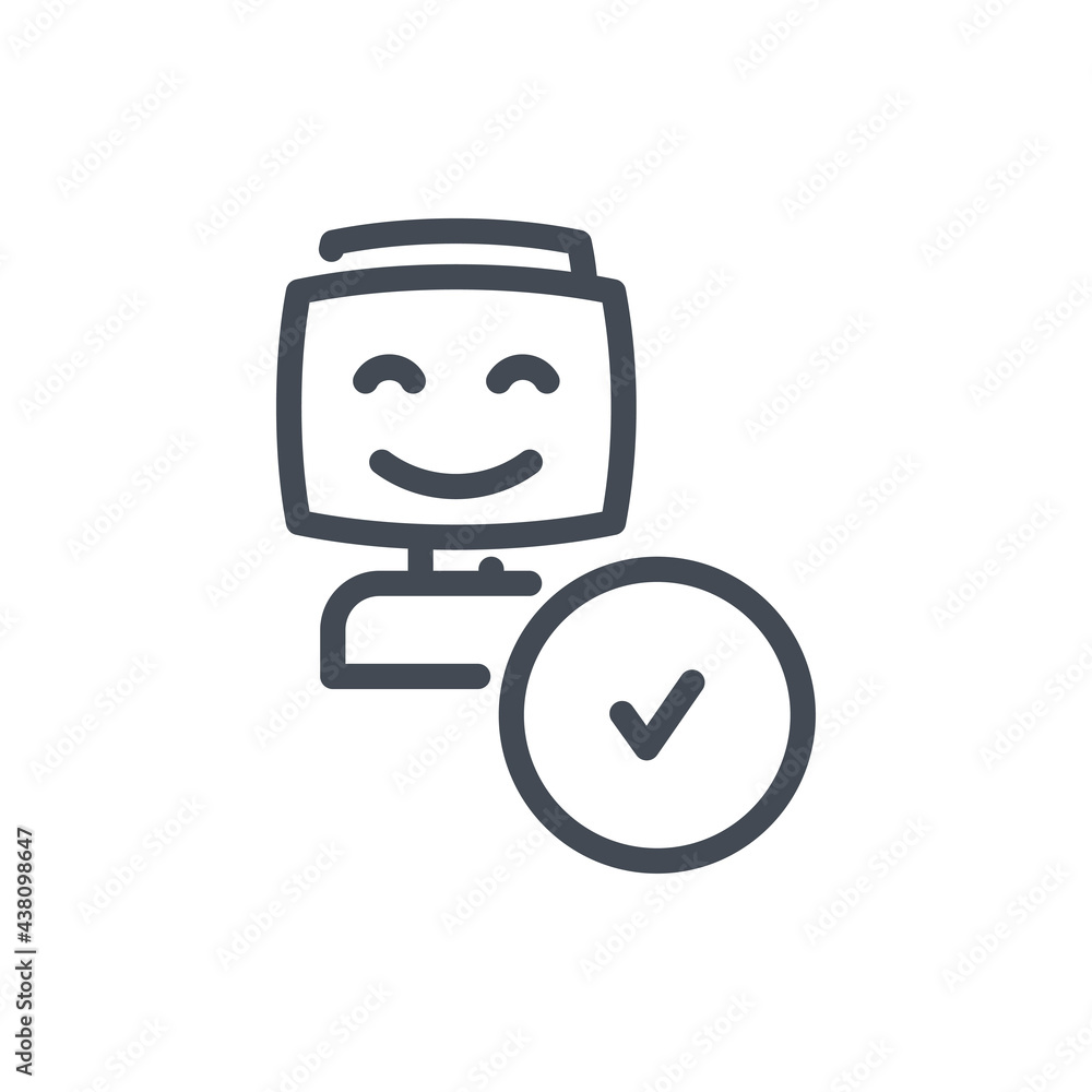 Poster robot with smile and checkmark in circle line icon. bot with acceptance vector outline sign.