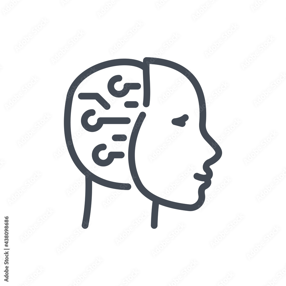 Poster robot head with connections line icon. artificial intelligence bot vector outline sign.