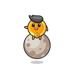 illustration of dollar currency coin cartoon sitting on the moon