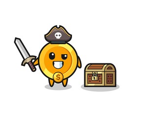 the dollar currency coin pirate character holding sword beside a treasure box