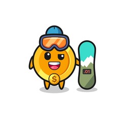 Illustration of dollar currency coin character with snowboarding style