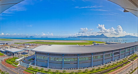 View from the terminal of the airport in Hong Kong over the airfield and the bay