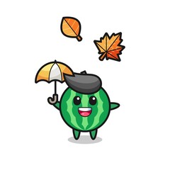 cartoon of the cute watermelon holding an umbrella in autumn