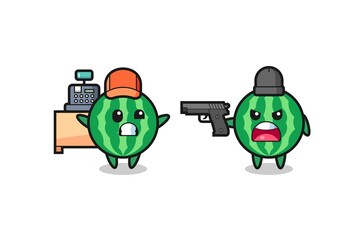 illustration of the cute watermelon as a cashier is pointed a gun by a robber