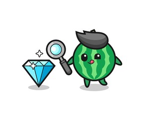 watermelon mascot is checking the authenticity of a diamond