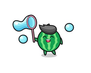 happy watermelon cartoon playing soap bubble