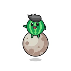 illustration of watermelon cartoon sitting on the moon