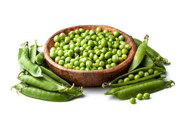 Fresh green peas in wooden plate