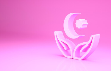 Pink Star and crescent - symbol of Islam icon isolated on pink background. Religion symbol. Minimalism concept. 3d illustration 3D render