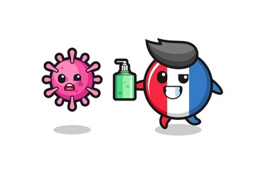 illustration of france flag badge character chasing evil virus with hand sanitizer
