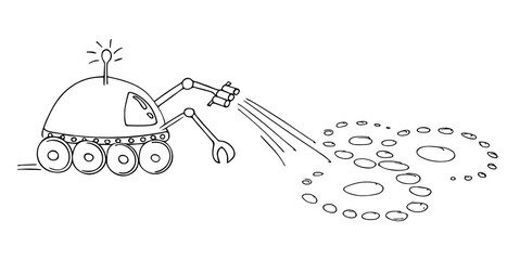 Hand-drawn robotic rover for exploring and learning new planets in space. Doodle style, simple minimalistic drawing. Fantasy sketch, line art.Isolated.Vector illustration.