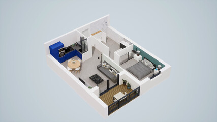 studio / appartement vue en plan 3d meublé -01