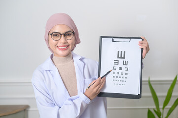 Female muslim ophthalmologist holding a vision chart test for measuring visual acuity