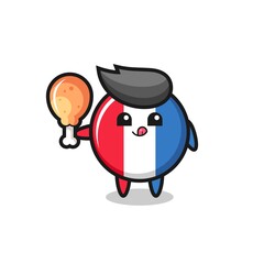 france flag badge cute mascot is eating a fried chicken