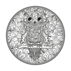 Circle zendala with bird. Zentangle. Abstract owl. Mandala. Decorative style. Line art creative. Pattern. Zen art. Design for spiritual relaxation for adults. Black and white illustration for coloring