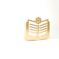 Gold Holy book of Koran icon isolated on white background. Muslim holiday, Eid Mubarak, Eid al-fitr, Ramadan Kareem. 3d illustration 3D render