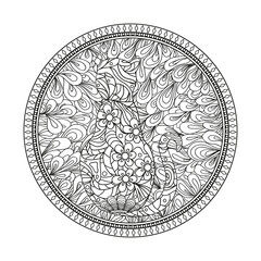 Hand drawn circle zendala with cat. Wallpaper Zentangle. Black and white illustration. Design for spiritual relaxation for adults. Hand drawn mandala with abstract patterns on isolation background