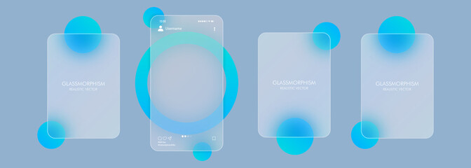 Photo carousel template. Social media concept. Glassmorphism style. Vector illustration. Realistic glass morphism effect with set of transparent glass plates.
