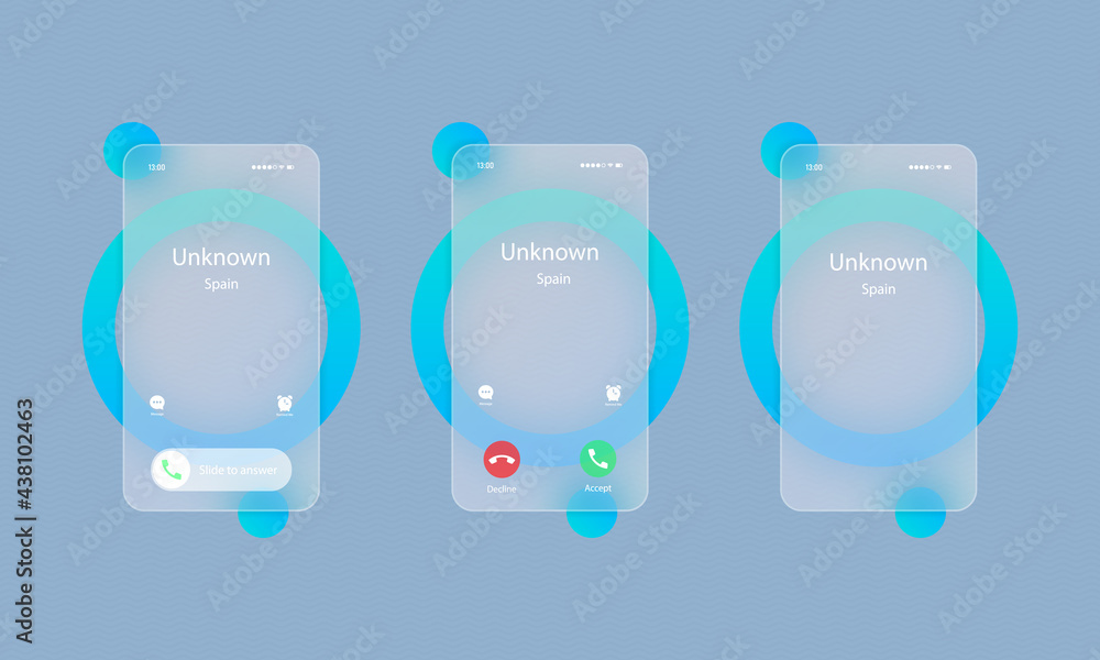 Poster ringing smartphone realistic set. incoming call. glassmorphism style. vector illustration. realistic