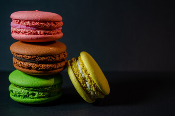 Colorful macarons cakes. Small French cakes. Sweet and colorful french macaroons.